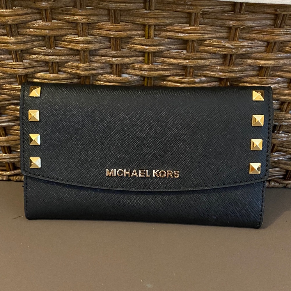 Michael Kors Black Saffiano Leather Wallet with Gold Logo and Studs